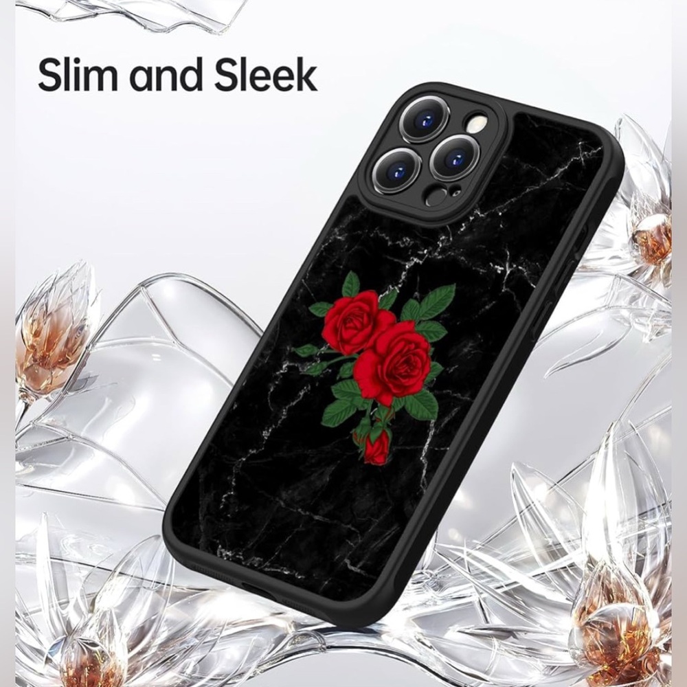 LUMARKE iPhone 15 Pro Max Case with Screen Protector - Black Marble and Roses